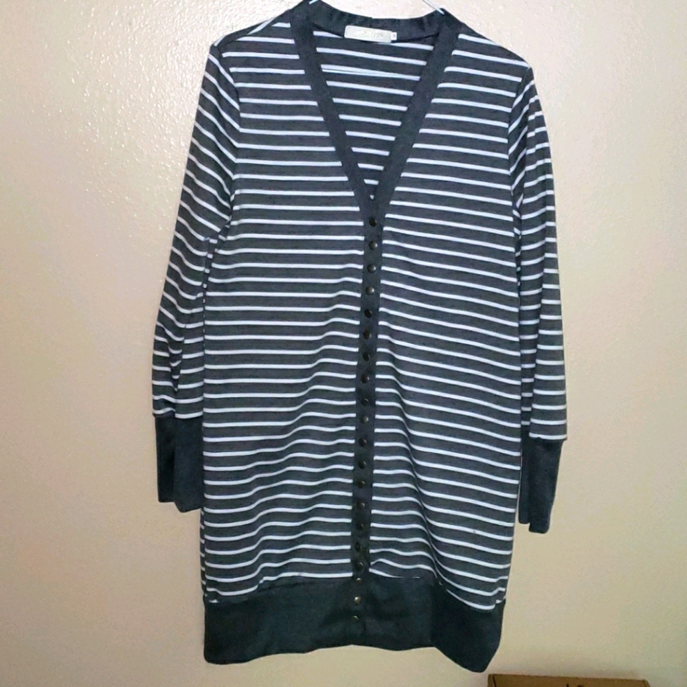 Striped charcoal cardigan with snap closures
